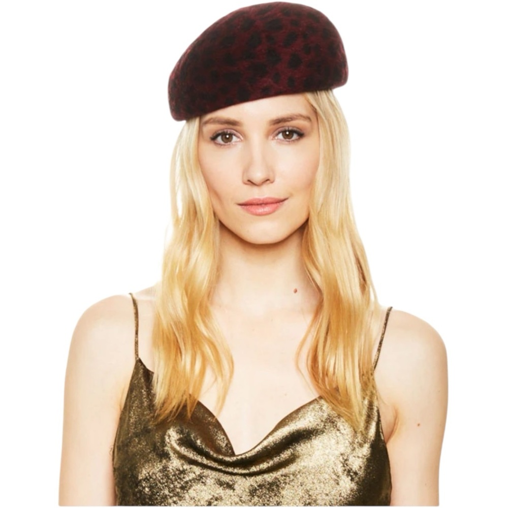 EUGENIA KIM "Coco in Red Leopard" Rabbit Fur Beret NEW Designer Hat - NWOT